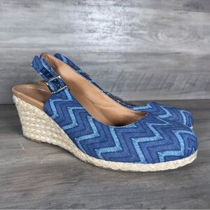 Vionic Womens 9 Coralina Blue Chevron Espadrille Supportive Wedge Slingback Shoe